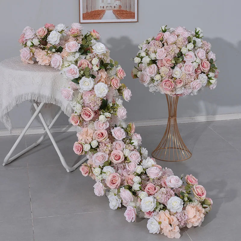 80CM Pink Artificial Flower Decor Set Flower Runner & Flower Ball Centerpieces for Wedding Main Table Arch Backdrop Stand Party