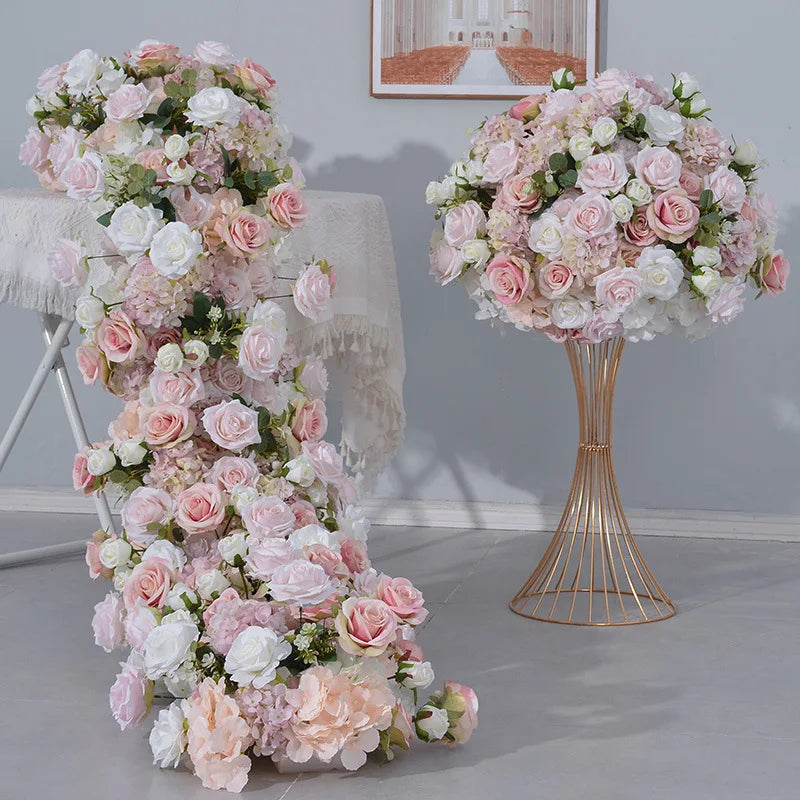80CM Pink Artificial Flower Decor Set Flower Runner & Flower Ball Centerpieces for Wedding Main Table Arch Backdrop Stand Party