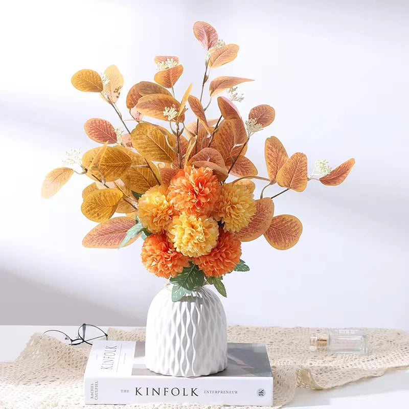 Artificial Flowers Chrysanthemum Set Fake Flower Leaf Stem for DIY Wedding Bouquets Flower Arrangements Party Home Decorations