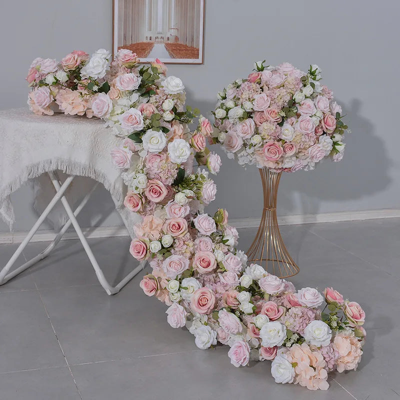 80CM Pink Artificial Flower Decor Set Flower Runner & Flower Ball Centerpieces for Wedding Main Table Arch Backdrop Stand Party