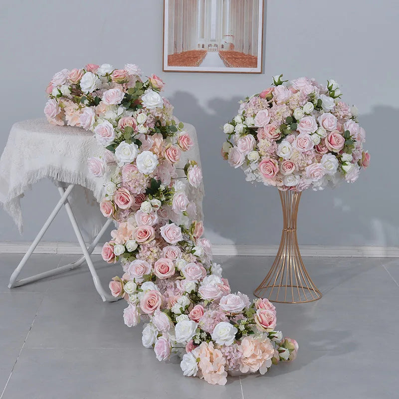 80CM Pink Artificial Flower Decor Set Flower Runner & Flower Ball Centerpieces for Wedding Main Table Arch Backdrop Stand Party