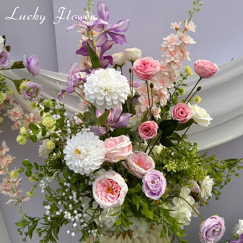 Purple Pink Outdoor Wedding Decoration Artificial Flowers Hang Flower Row Road Lead Flower Ball Floral Backdrop Decor Floor Row
