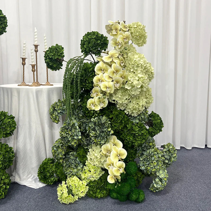 Luxury Green Orchid Hydrangea KT Board Flower Row Wedding Backdrop Decor Floral Arrangement Event Props Stage Aisle Floor Flower