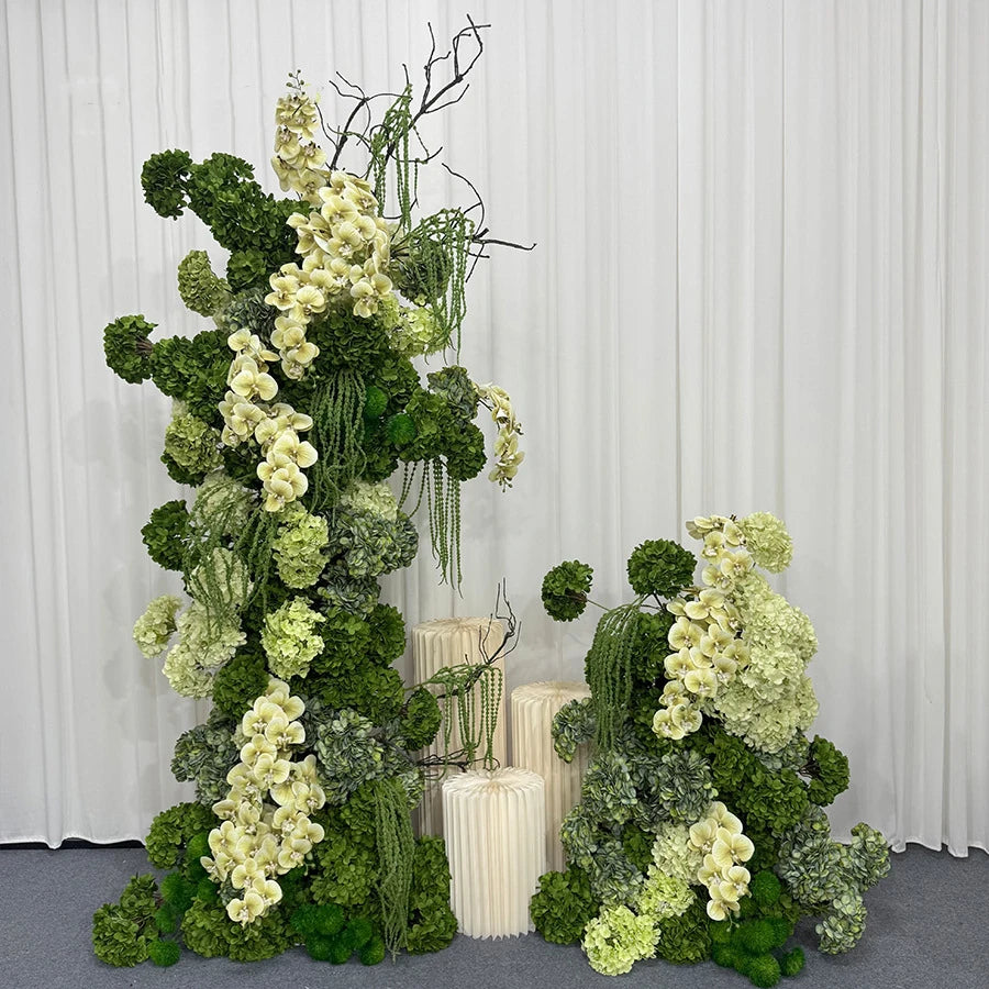 Luxury Green Orchid Hydrangea KT Board Flower Row Wedding Backdrop Decor Floral Arrangement Event Props Stage Aisle Floor Flower